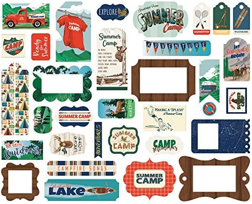 Carta Bella Paper Company Summer Camp Frames & Tags Ephemera, Marinha, Vermelho, Marrom, Tan, Verde