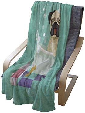 Cobertor lunarable de arremesso de desenho animado, cachorro pug em banheira de manobrista shampoo shampoo border