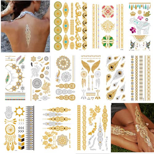 Tatuagens temporárias metálicas para mulheres adolescentes meninas 12 folhas de 120+PCs tatuagens douradas