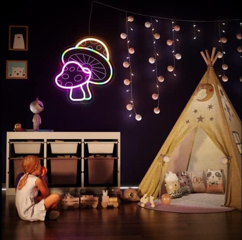 Mushroom Néon Sign para quarto infantil, festa, decoração de parede, reutilizável colorido 3D