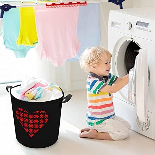 Autismo Puzzle Heart Laundry Basket com alças redondas de lavanderia dobrável cesta de armazenamento