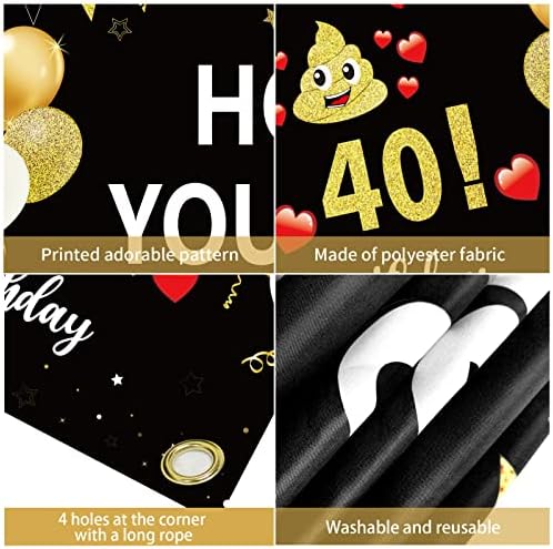 Decorações engraçadas de banner de 40 anos para homens, Mulheres, Black Gold Happy 40 Birthday