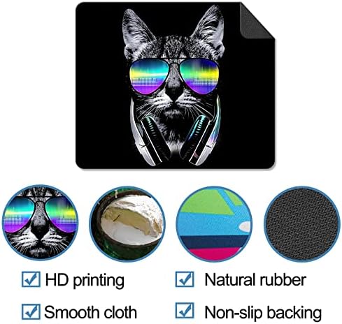 Aykdtfn Cool Hipster Cat Mouse Pad, gato com óculos Design pequeno mousepad preto, escritório de laptop e