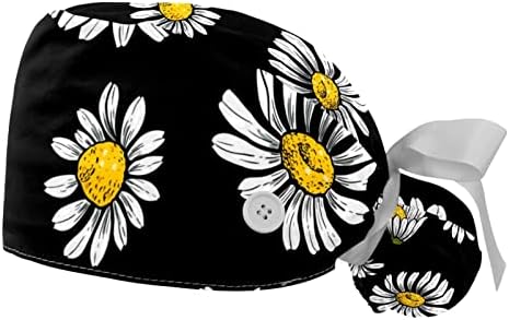 2 Pacote de tampas de trabalho com banda de moletom para mulheres, flores de camomile vintage Ponytail