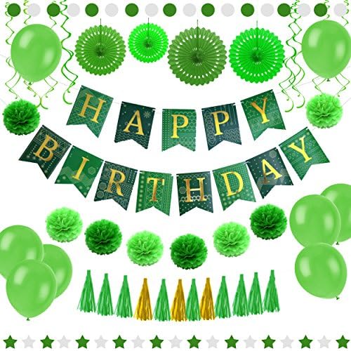 55 PCs Decorações de festas de aniversário de ouro verde Conjunto, fãs de papel, balões, bandeira de feliz