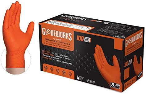 Gloveworks HD Luvas descartáveis ​​de nitrila laranja, 8 mil, luvas médicas de vinil clara e amméxil, caixa de