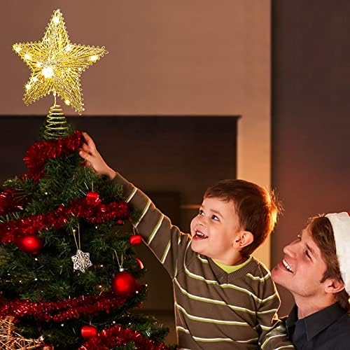 Holitown Christmas Star Tree Topper, Treetop Golden Glittered Quente Branco 20 luzes, bateria operada