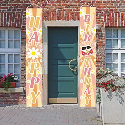 LooLo Groovy Feliz Aniversário Banner com 71x11.8inch, hippie boho bóia placa de porta para decorações