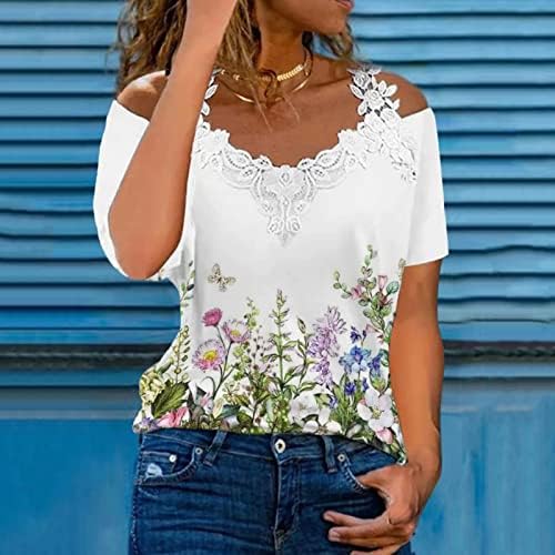 Camisetas de ombro frio de manga curta para mulheres profundas v lace de pescoço de pescoço floral