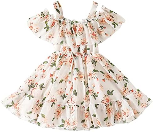 AGQT Toddler Girls Floral Print Dress Chiffon Off Shouler Dress Casual Ruffle Hem Tunic Dress Tamanho 1-8T