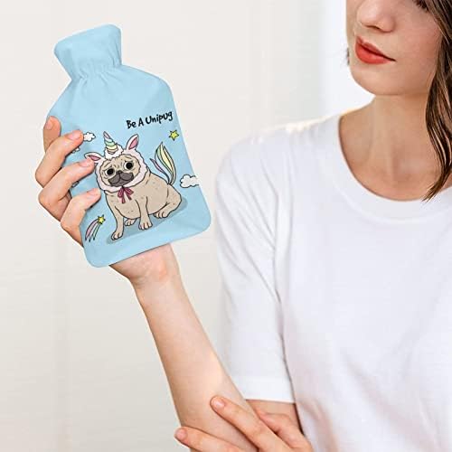 Garrafa de água quente de borracha Pugdog unicórnio com lã de tampa de lã com mãos com metros mais