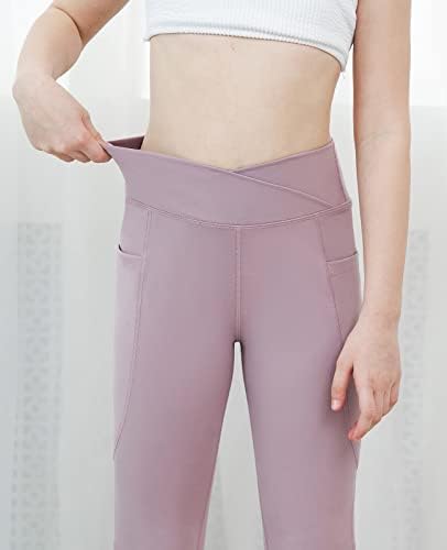 As leggings de meninas cruzam calças de ioga de cintura alta com bolso, calças de ioga queimadas, treino de
