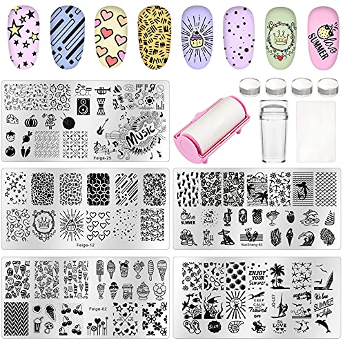 Kit de estampa de unhas de 13pcs de 13pcs, 5pcs Summer Uil Art Stamps para unhas, ferramentas de