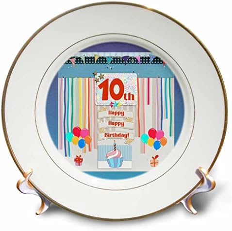Imagem 3drose da etiqueta de 10 anos, cupcake, vela, balões, presente, serpentinas - placas