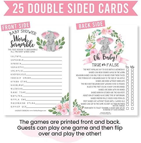 Jogos de chá de bebê de elefante rosa para meninas - 2 jogos dupla face, 25 palavras Scramble para idéias