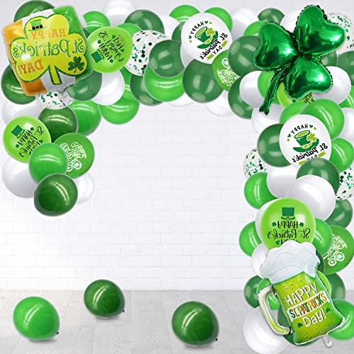 113 PCS Kit de arco de guirlanda de balão de St. Patrick, Lucky Irish Shamrock Clover Balloons Balloons Green White White Latex Balloons Banner Shamrock para decorações de festa do festival irlandês