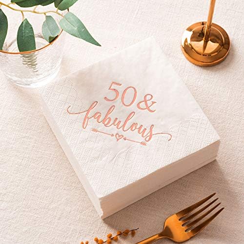 Crisky 50 e guardanapos de coquetel fabulosos ouro rosa para mulheres 50º aniversário decorações, 50º aniversário