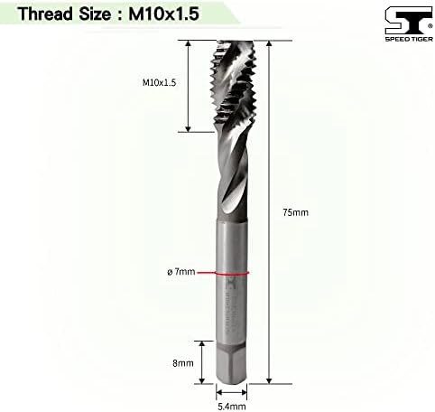 Speed ​​Tiger TSM_M10X1.5 HSS Spiral Flate Taps, Métrica M10x1.5mm H3 Tolerância, não revestida 3 flautas retas