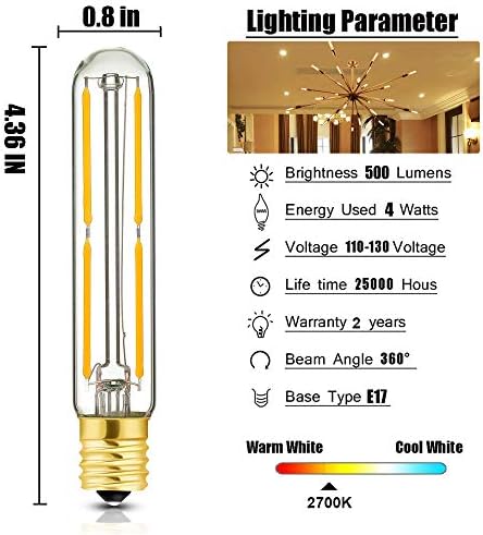 E17 T6.5 Bulbo de filamento tubular LED, lâmpadas de tubo LED 4W diminuídas, 500lm, 2700k branco quente,