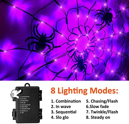 Decorações de Halloween Luzes de aranha, 140 LED roxo 8 Modos Luzes líquidas operadas por bateria com
