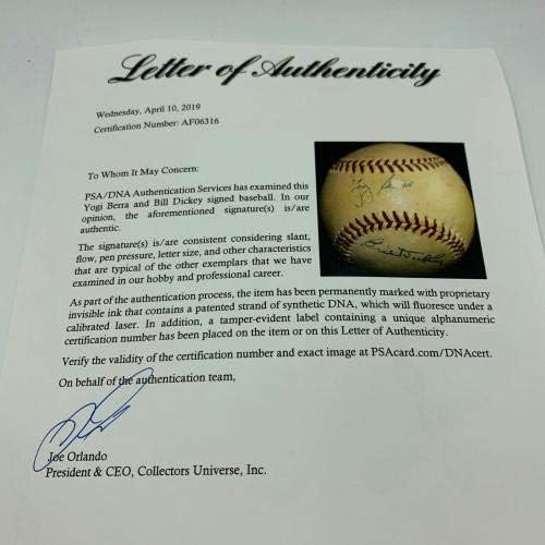 Yogi Berra e Bill Dickey da década de 1940 assinou a Liga Americana Harridge Baseball PSA DNA - Bolalls autografados