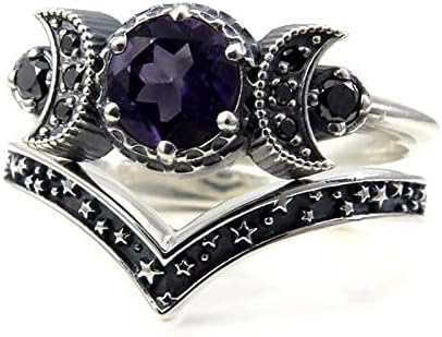 Triple Moon Rings Conjunto, 2-em 1 Purple Red Round Shape Crystal Rings For Women Girls Solitaire Ring