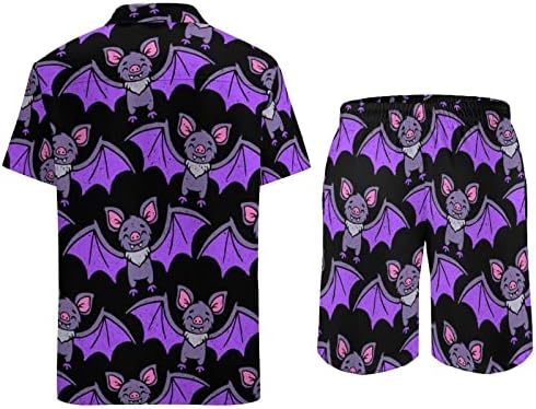 Bats Pattern Men Men 2 Peças Hawaiian Set Button-Down Shirve Shirts Calças de praia Faixa Fit