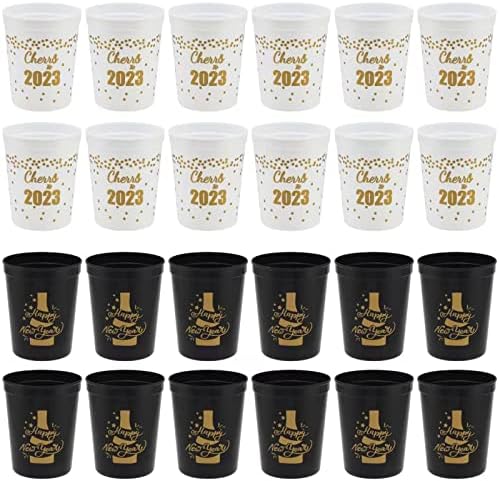 Feliz Ano Novo Cups - 24 pacote de copos reutilizáveis, copos de estádio de férias plásticos de