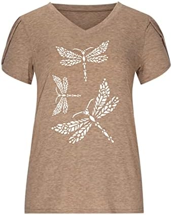 Mulheres 2023 T Camisetas Petal Sleeve V Neck Casual Tees Summer Tops básicos Dragonfly Graphic Print