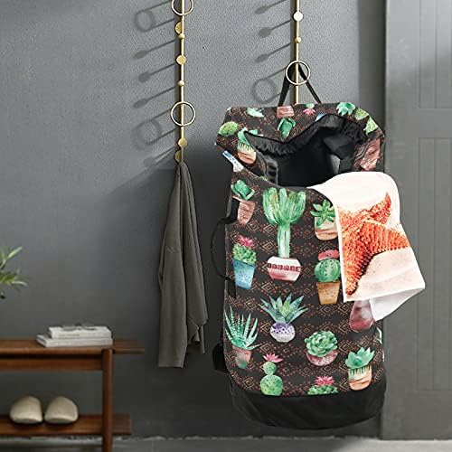 Suculentas Cactus Laundry Bolsa de lavanderia pesada Mochila com alças e alças de ombro Viagem Bolsa