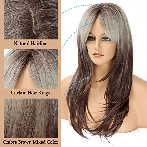 Gowit perucas retas longas para mulheres cinzas marrom médio/cinzas loira ombre peruca em camadas com