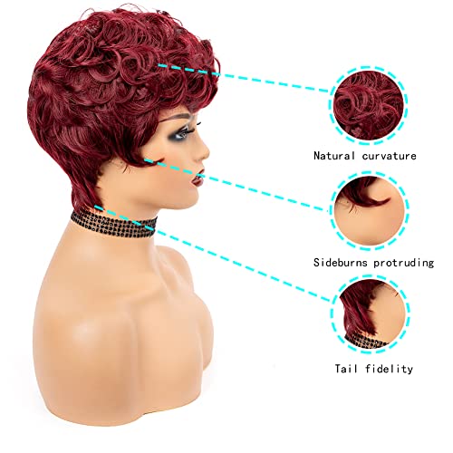Mujgoo Borgonha Pixie Cut Wig para mulheres negras Pixie Red Wigs Synthetic Short Curly Wig Calque fofo -Peruca