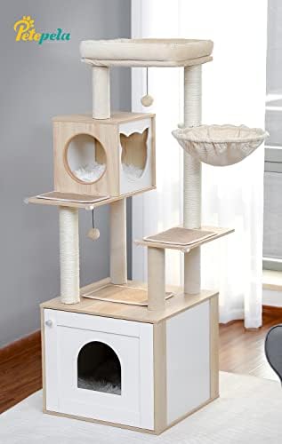 PETEPELA MODERNA CAT TREELOW CAT TOWER com gabinete da caixa de aranha de armazenamento e condomínio espaçoso de gato, poleiro e rede de grãos grandes, postes de arranhões cobertos de sisal para gatos bege