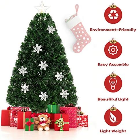 Árvore de Natal artificial de fibra óptica de 3 pés de 3 pés de 3 pés, com luzes LED multicoloridas e flocos