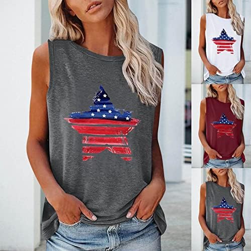 4 de julho Tampo de tanque de camisa para mulheres sem mangas camisa de pescoço American Flag Stars