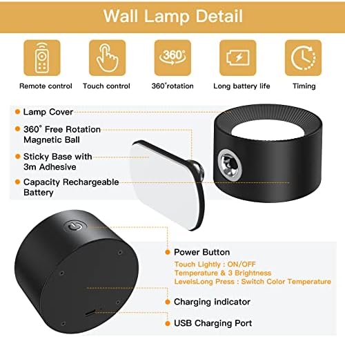 MyClong LED arandelas da parede, lâmpadas montadas na parede com controle remoto recarregável, rotação