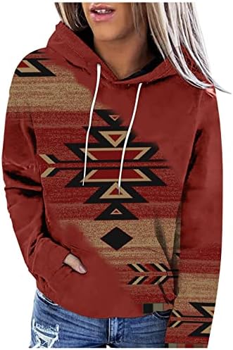 Hoodies astecas femininos, estilo étnico ocidental, estampado geométrico de cordão casual casual