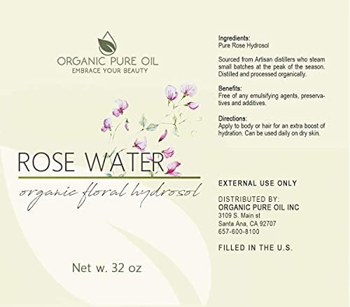 32 Oz Rose Hydrosol Water - Pure Rosewater Spray Mist a granel - Toner de face hidratante água