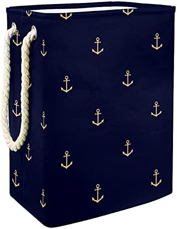 Art Marine náutico Compass Anchor Pattern grande cesto de roupa de lavanderia com maçaneta de transporte fácil,