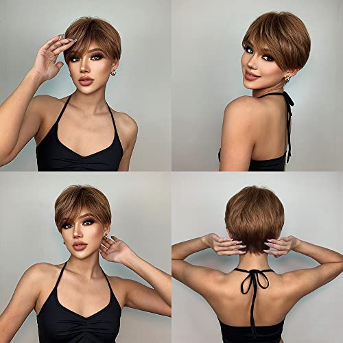 Allbell curto pixie cortada perucas marrons para mulheres negras mel marrom marrom em camadas sintéticas com