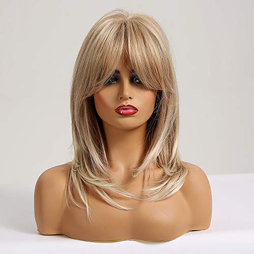 Magqoo Loira Wig Mulheres comprimento ombro ombre peruca loira com franja loira em camadas de peruca sintética