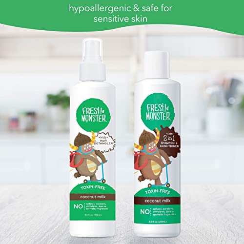 Fresh Monster Kids Hair Detangler Spray e shampoo 2 em 1 Combinamento de shampoo e condicionador, livre de toxinas,