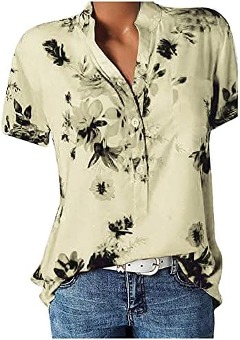 Tops de verão femininos, camisa feminina Botão de plus size com manga curta V Blusa de bolsa de bolso