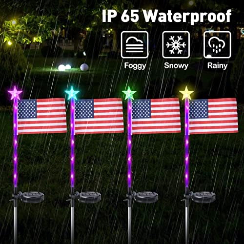 4 Pacote de bandeira solar Americana Luzes do gramado para as decorações de 4 de julho, 7 cores Mudando
