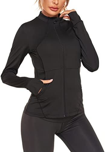 Jaquetas de corrida feminina de Coorun Slim Fit Workout Zip Up Running Track Jacket com buracos de polegar