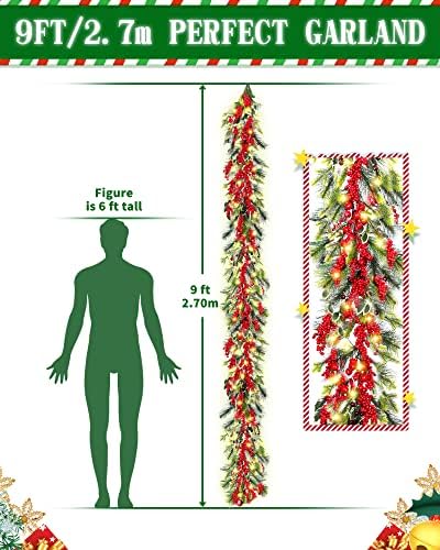 Garland de Natal do DDHS, decorações de Natal artificiais de 9 pés de guirlanda com 60 luzes