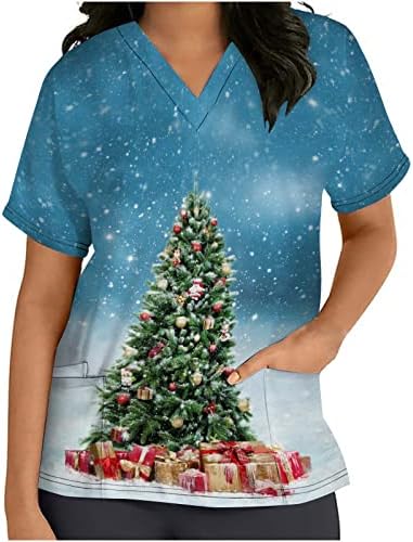 Tshirts de impressão de árvore de Natal para mulheres enfermeiras uniformes de trabalho tops v pescoço de manga