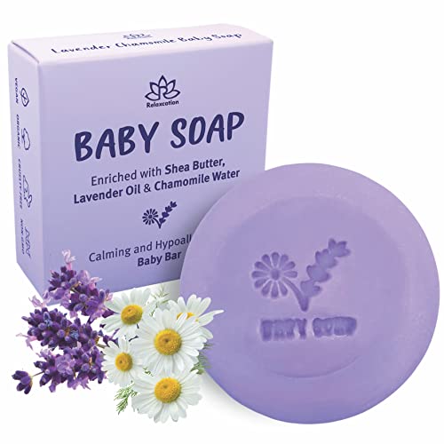 Relaxcation Baby Soap Bar com óleos essenciais de lavanda, água de camomila orgânica e manteiga de karité