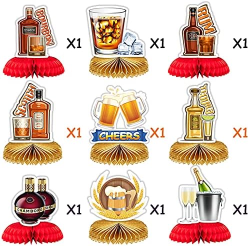 9 PCs Whisky Honeycomb CenterPieces, decorações de mesa 3D para decoração de festa de aniversário de cerveja
