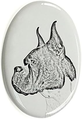 Boxer não coletado, lápide oval de azulejo de cerâmica com uma imagem de um cachorro